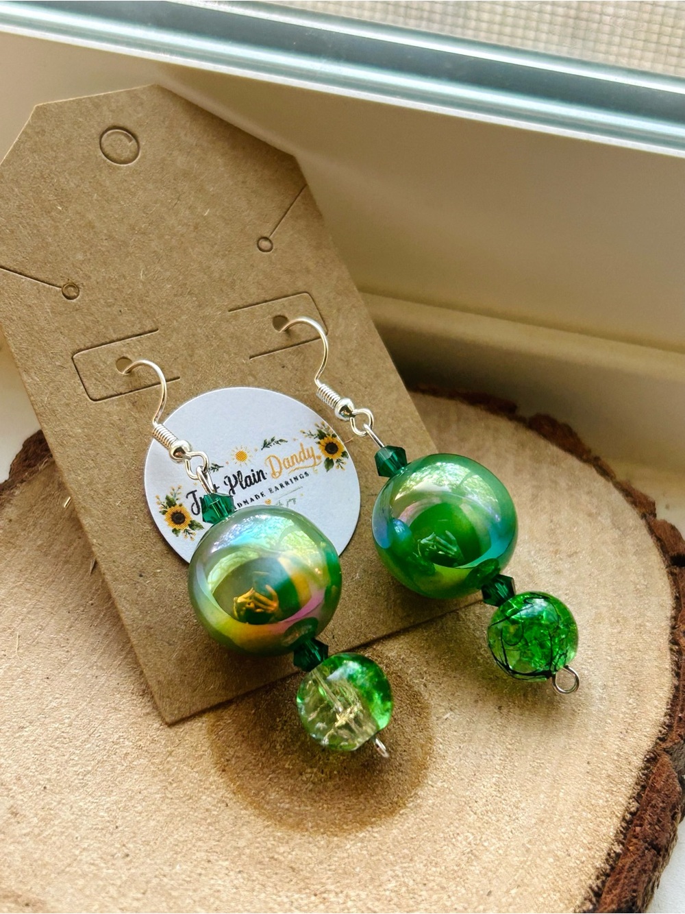 Green Iridescent Pearl Dangle Earrings Crackle Glass Beaded Handmade Earrings